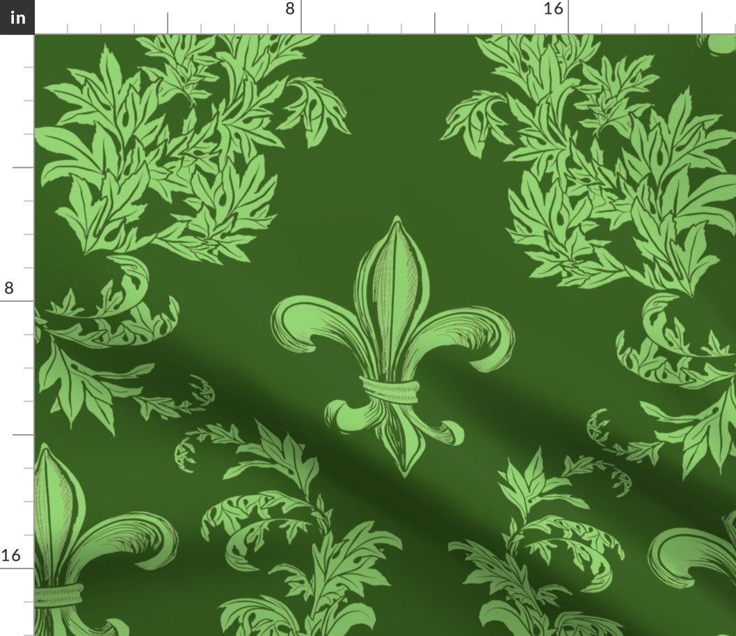 Light Green Acanthus Fleur de Lis on Green Background