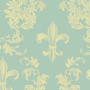 Cream Acanthus Fleur de Lis on Celadon Background