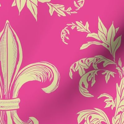 Cream Acanthus Fleur de Lis on Raspberry Pink Background