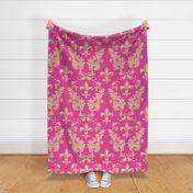 Cream Acanthus Fleur de Lis on Raspberry Pink Background