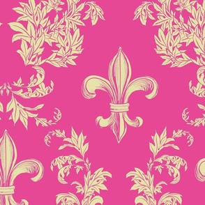 Cream Acanthus Fleur de Lis on Raspberry Pink Background
