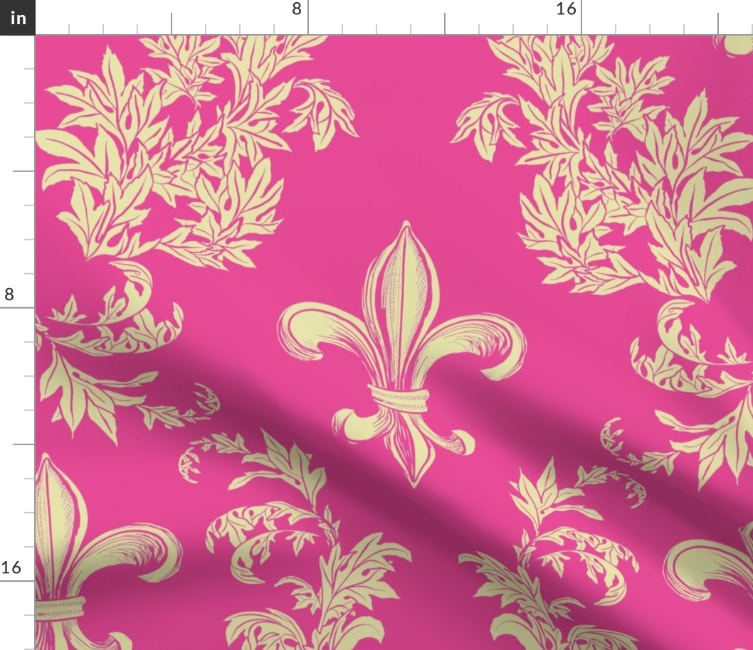 Cream Acanthus Fleur de Lis on Raspberry Pink Background