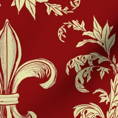Cream Acanthus Fleur de Lis on Wine Red Background