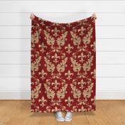 Cream Acanthus Fleur de Lis on Wine Red Background