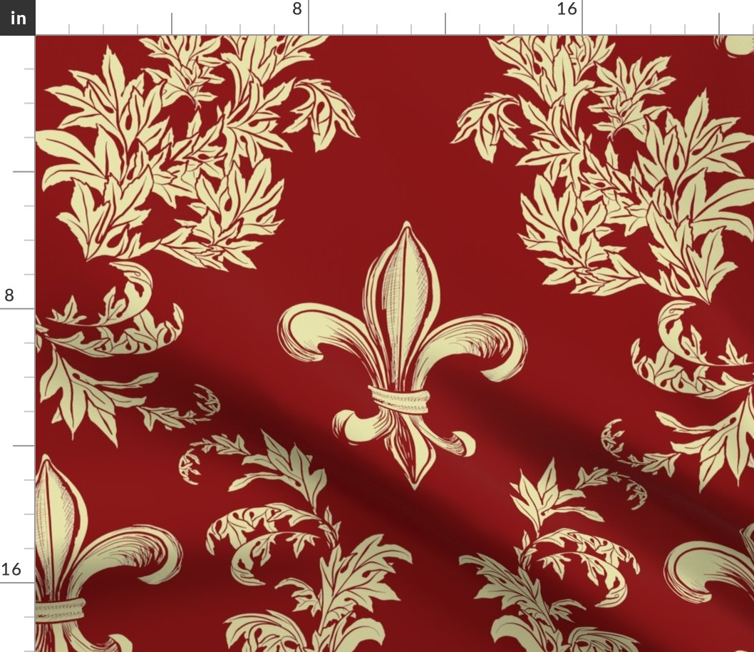 Cream Acanthus Fleur de Lis on Wine Red Background