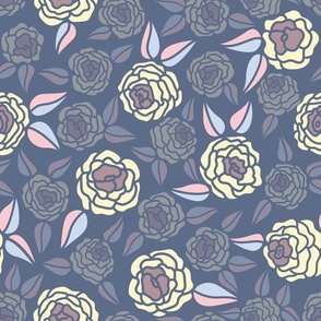 Hand drawn, retro style pink, blue and ivory roses multi direction scattered floral pattern on a dark blue background 