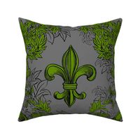 Green Acanthus Fleur de Lis on Gray Background with black line