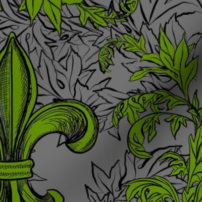 Green Acanthus Fleur de Lis on Gray Background with black line