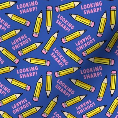 looking sharp! - schools supplies - pencil valentines - pink on blue - LAD21