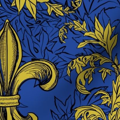 Yellow Acanthus Fleur de lis on Blue background with black line