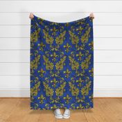 Yellow Acanthus Fleur de lis on Blue background with black line