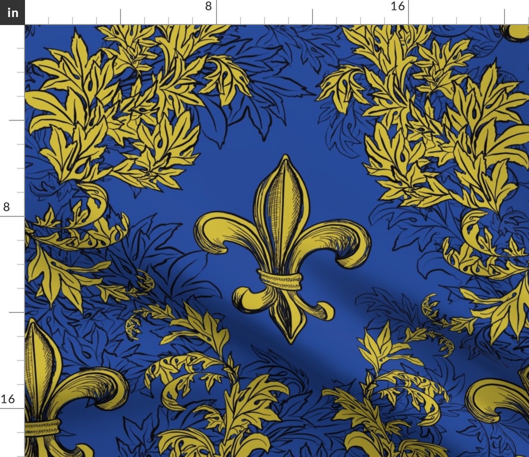 Yellow Acanthus Fleur de lis on Blue background with black line