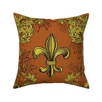 Yellow Acanthus Fleur de lis on Burnt Orange background with black line