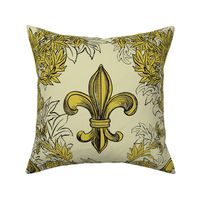 Yellow Acanthus Fleur de lis on Cream background with black line