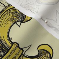 Yellow Acanthus Fleur de lis on Cream background with black line