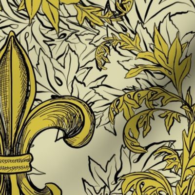 Yellow Acanthus Fleur de lis on Cream background with black line