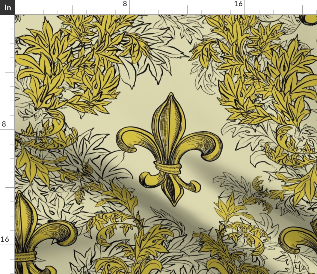 Yellow Acanthus Fleur de lis on Cream background with black line
