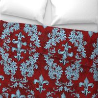 Light Blue Acanthus Fleur de Lis on Red Background with black line