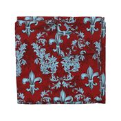 Light Blue Acanthus Fleur de Lis on Red Background with black line