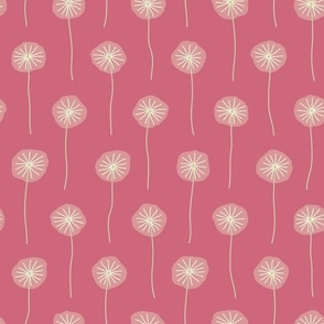 Abstract floating pale green dandelions floral pattern on a dark pink background