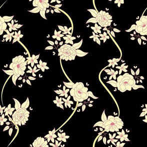 Romantic ivory, pink & yellow roses, blossoms, butterflies & ribbons multi direction floral pattern on a black background