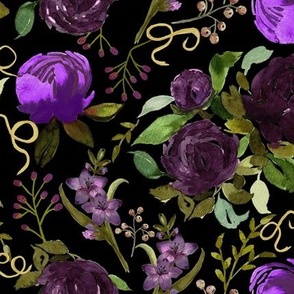Purple Peonies And Gladiolus Flowers On Black