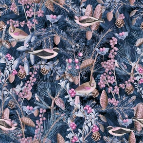 Autumn Forest Hygge Cottagecore Pattern With Birds Blue Pink