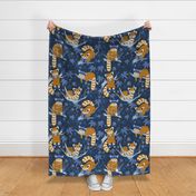 Large jumbo scale // Red panda blending with the foliage // navy background desert sun brown cozy animals fog blue tree branches classic and indigo blue acer leaves