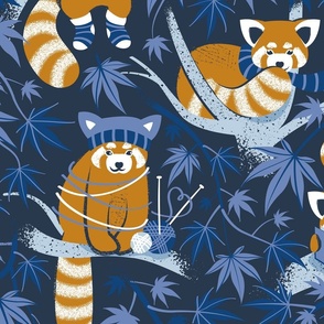 Large jumbo scale // Red panda blending with the foliage // navy background desert sun brown cozy animals fog blue tree branches classic and indigo blue acer leaves