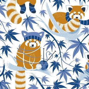 Large jumbo scale // Red panda blending with the foliage // white background desert sun brown cozy animals fog blue tree branches classic and indigo blue acer leaves