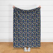 Small scale // Red panda blending with the foliage // navy background desert sun brown cozy animals fog blue tree branches classic and indigo blue acer leaves