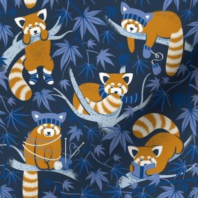 Small scale // Red panda blending with the foliage // navy background desert sun brown cozy animals fog blue tree branches classic and indigo blue acer leaves