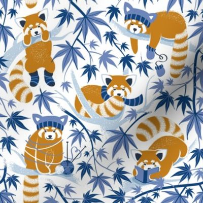 Small scale // Red panda blending with the foliage // white background desert sun brown cozy animals fog blue tree branches classic and indigo blue acer leaves