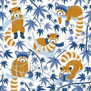 Small scale // Red panda blending with the foliage // white background desert sun brown cozy animals fog blue tree branches classic and indigo blue acer leaves