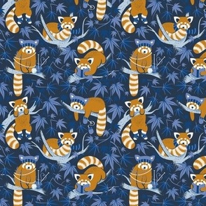 Tiny scale // Red panda blending with the foliage // navy background desert sun brown cozy animals fog blue tree branches classic and indigo blue acer leaves