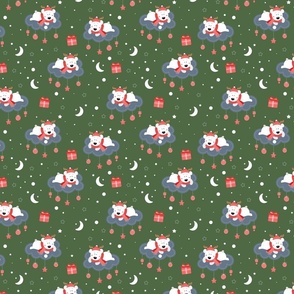Children's Print Polar Bears on Clouds with Christmas Ornaments on Fir Tree Green