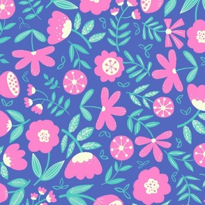 Bright Pink Flowers On Blue