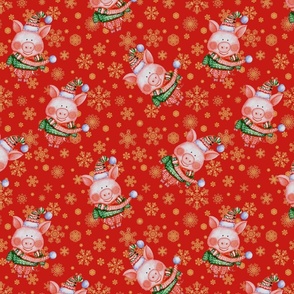 Christmas red pattern with watercolor funny pigs