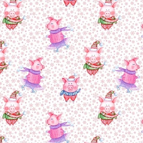 Winter white pattern with watercolor funny pigs