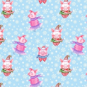 Winter blue pattern with watercolor funny pigs