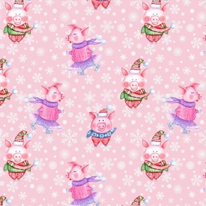 Winter pink pattern with watercolor funny pigs