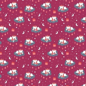 Christmas Cartoon Children's Print Polar Bears on Clouds with Christmas Ornaments on Cranberry Red