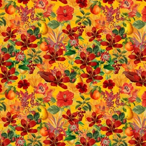 Summer Flower And Fruit Pattern Red And Yellow Smaller Scale