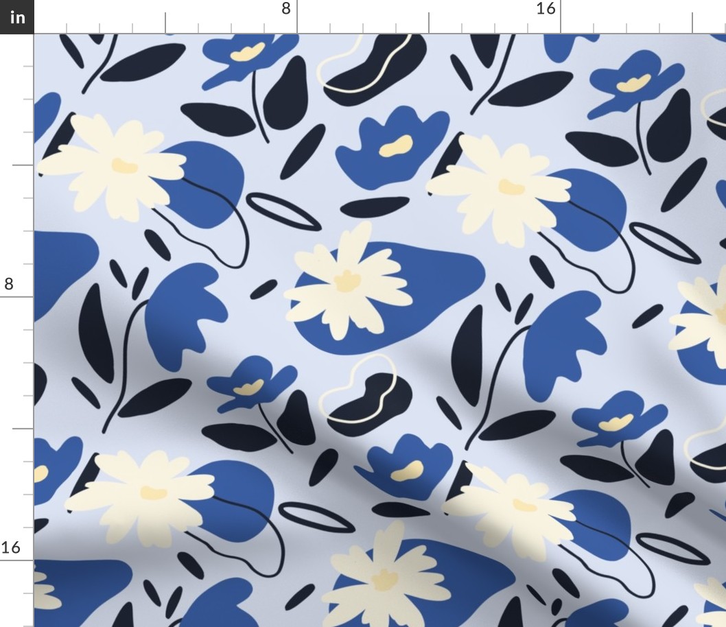 Abstract blue and cream flowers on light blue