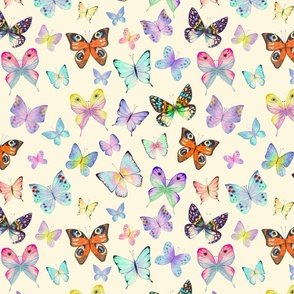 Botanical summer pattern with multicolor watercolor butterflies