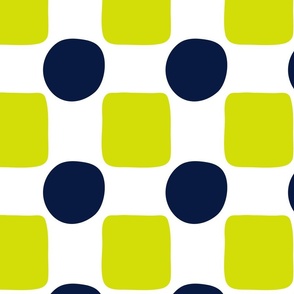 Large Geometric Chartreuse and Midnight Blue Circles and Squares on White Ground Non Directional 