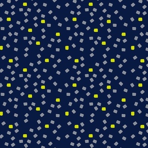 Tossed Abstract Geometric Confetti Squares in Chartreuse and Midnight Blue Stripe on Midnight Blue Ground Non Directional