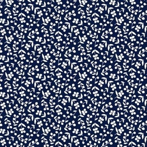 Tossed White Blueberries on Navy Blue Ground Non Directional Small Scale Ditzy