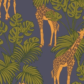 Giraffes and Jungle Plants on Deep Blue (large)