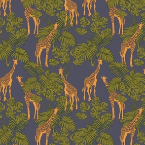 Giraffes and Jungle Plants on Deep Blue (small)